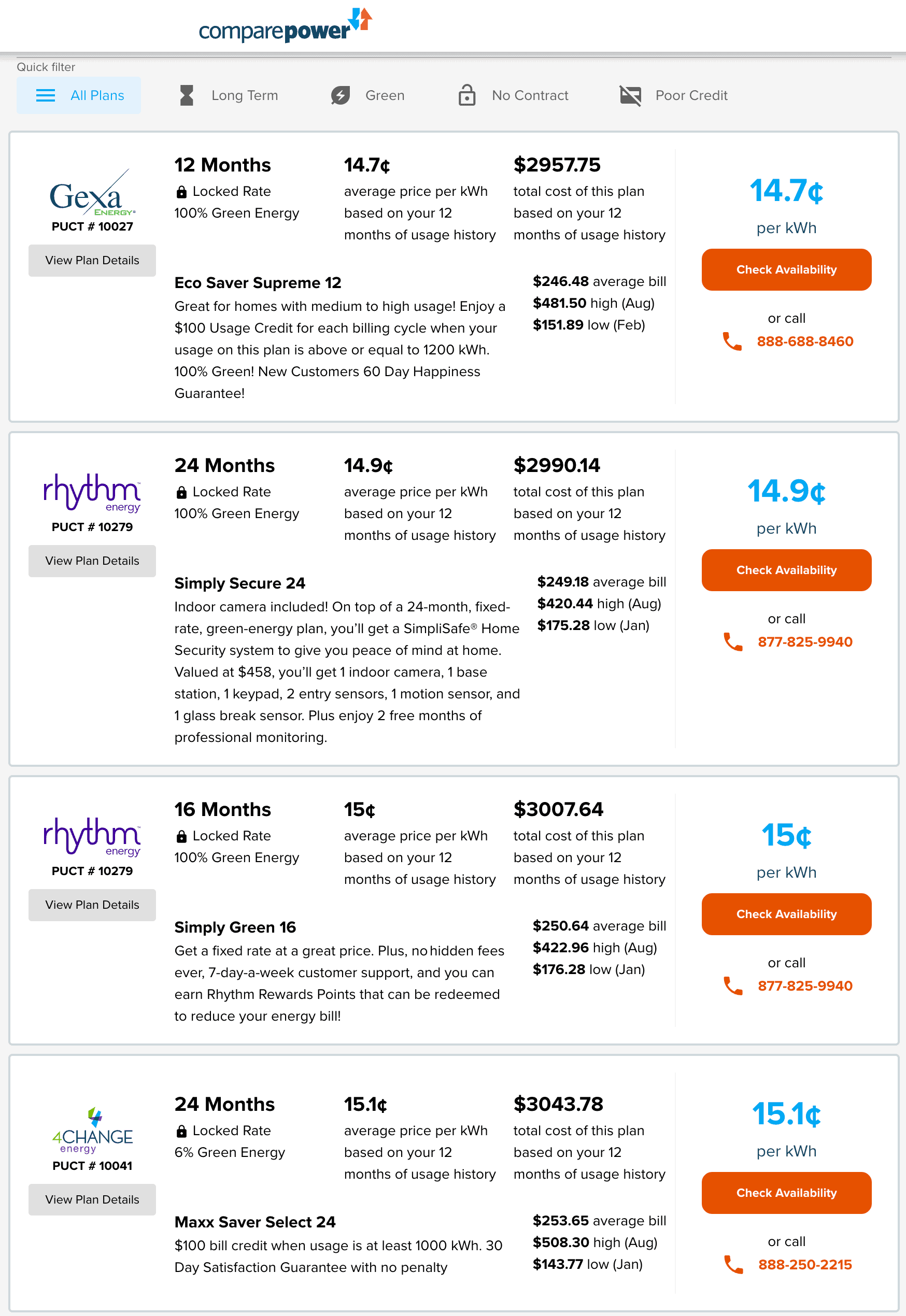 Electric Plans List Sort Low to High