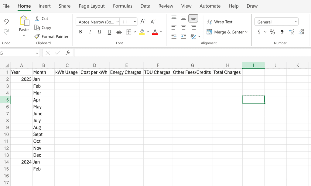 setting up an electricity bill audit on excel